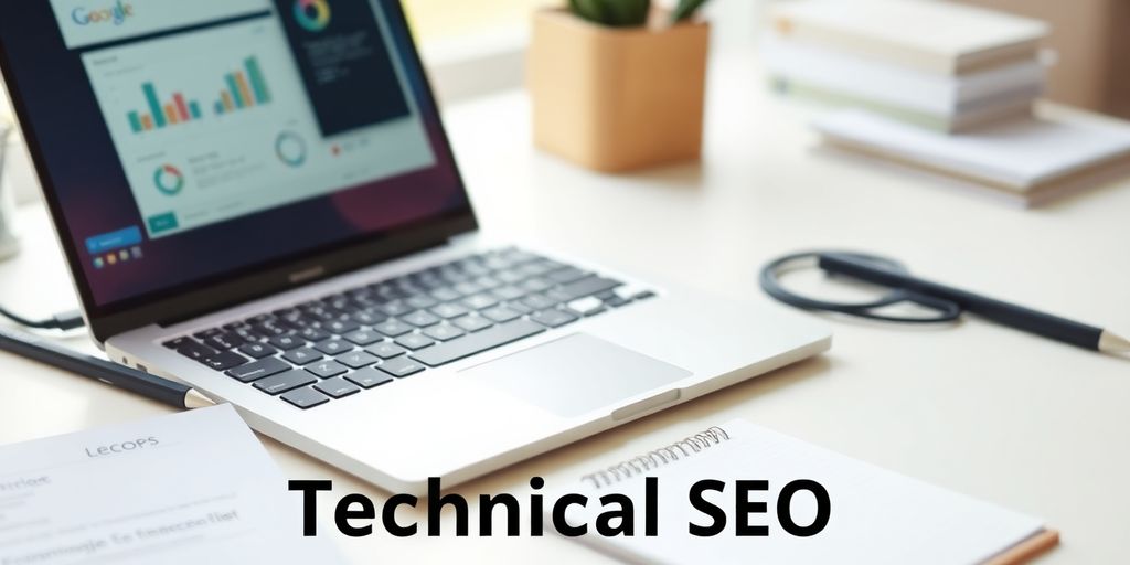 Technical SEO Modern laptop on desk for technical SEO.