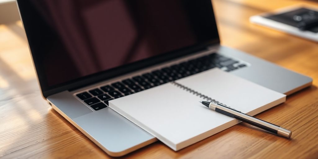 Photographic image of a workspace for keyword research.