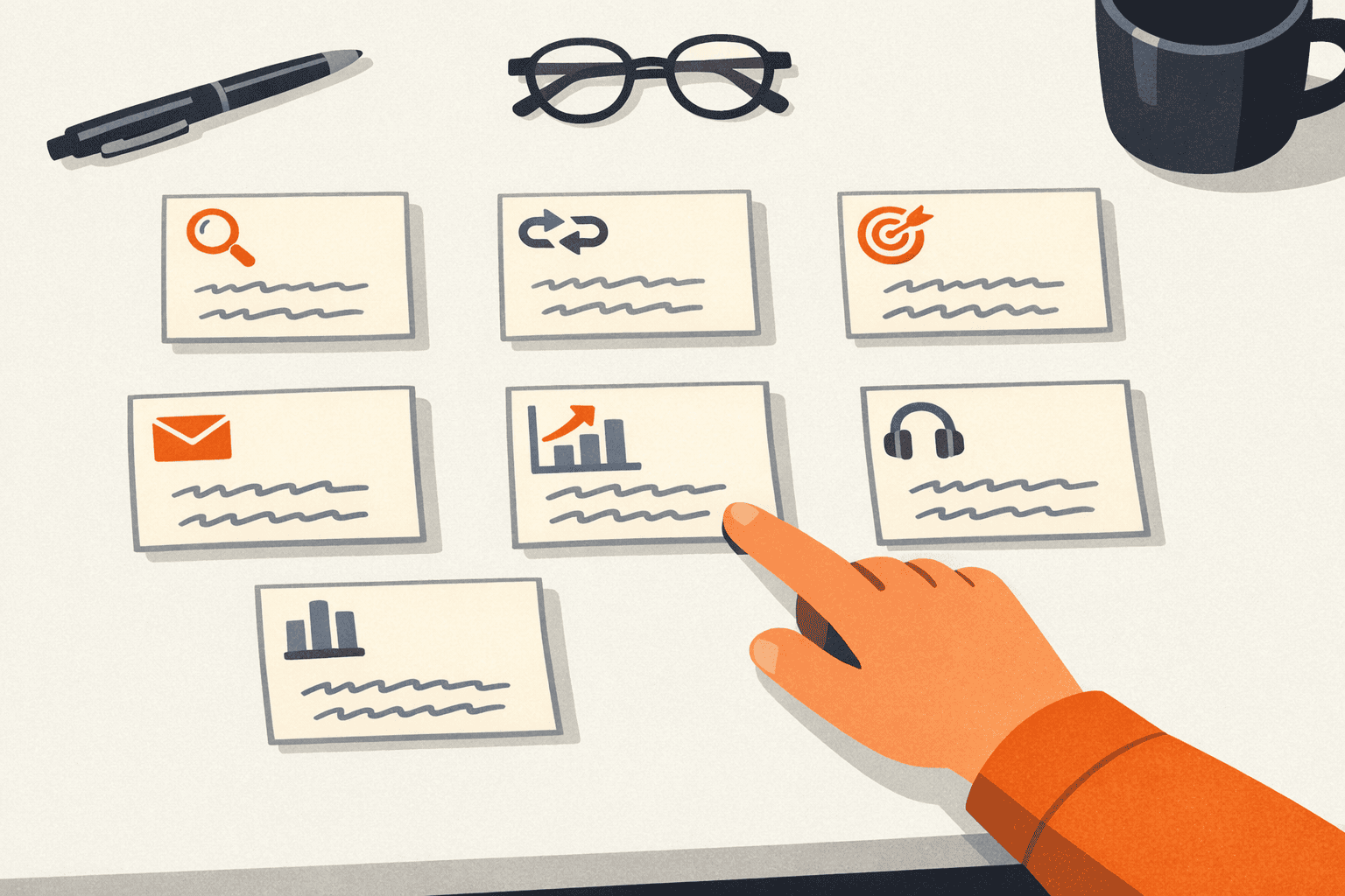 Stylized illustration of seven prompt cards arranged on a desk, each representing a different AI marketing workflow