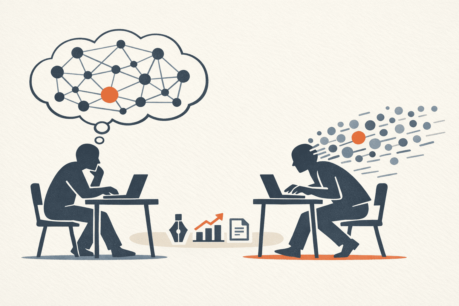 Editorial illustration of two distinct stylized thinking figures — one thoughtful and anchored, one fast and kinetic — positioned side by side, representing the complementary strengths of Claude and ChatGPT for marketing work