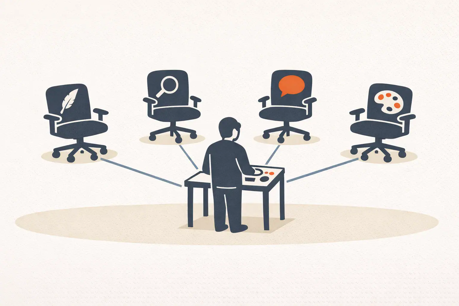 Editorial illustration of four distinct chair shapes arranged around a single empty desk in the center, with a single human figure standing at the desk operating a small console that orchestrates the four empty chair stations