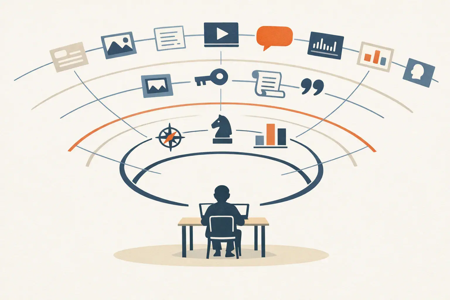 Editorial illustration of a single operator at a desk with three concentric rings of work flowing outward, the inner ring being strategic decisions, the middle ring brand guidelines, and the outer ring AI-produced output