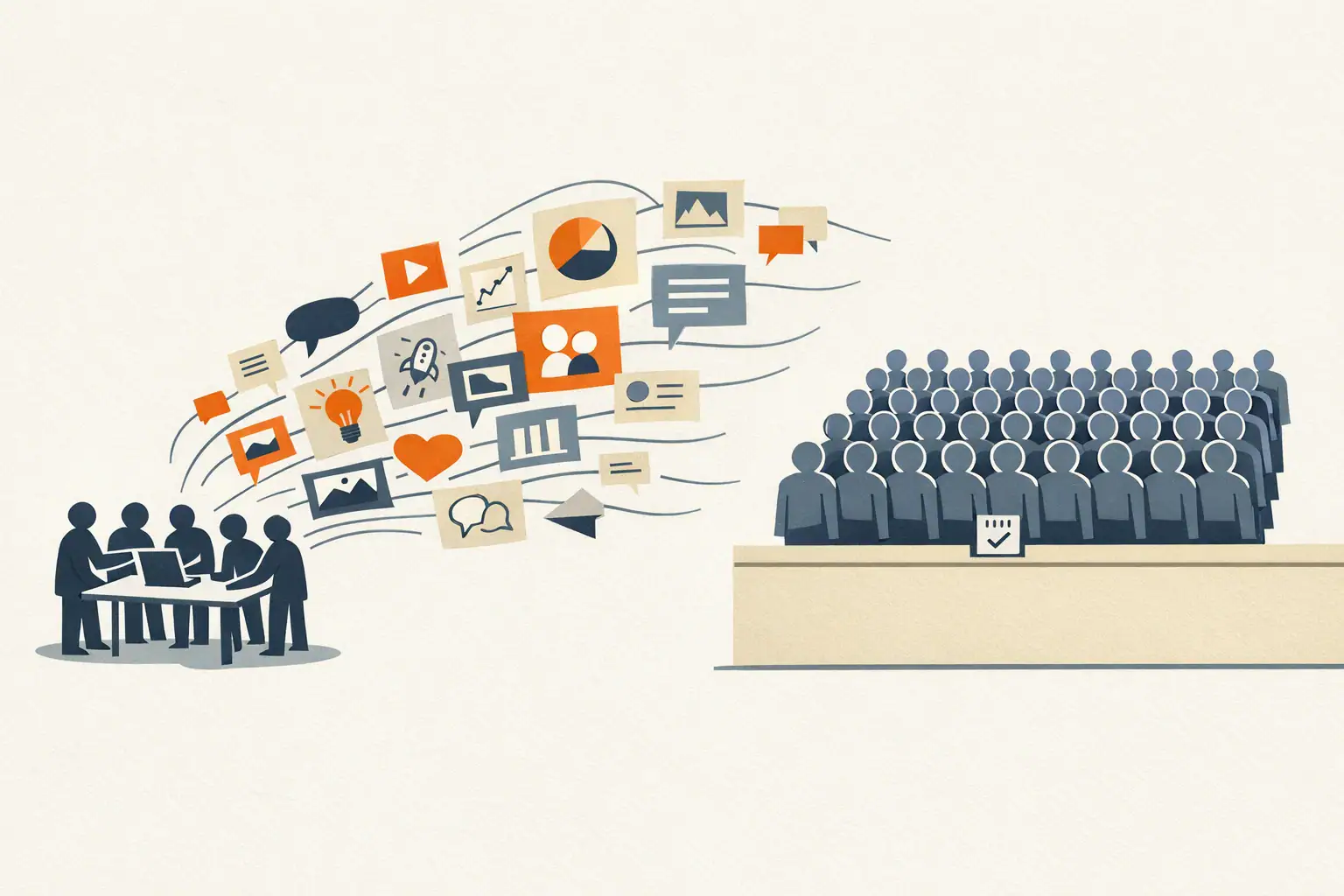 Editorial illustration of a small five-figure team producing a wide, sweeping wave of distinct content shapes that dwarfs a much larger but slow-moving group on the opposite side