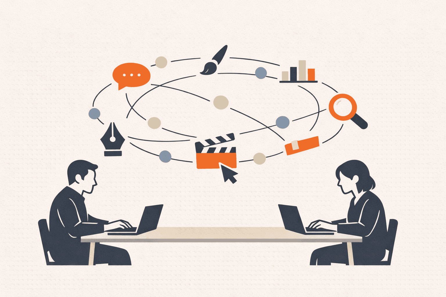 Two marketers at laptops orchestrating an AI marketing stack, representing the shift from 20-person teams to 2-person AI-powered operations