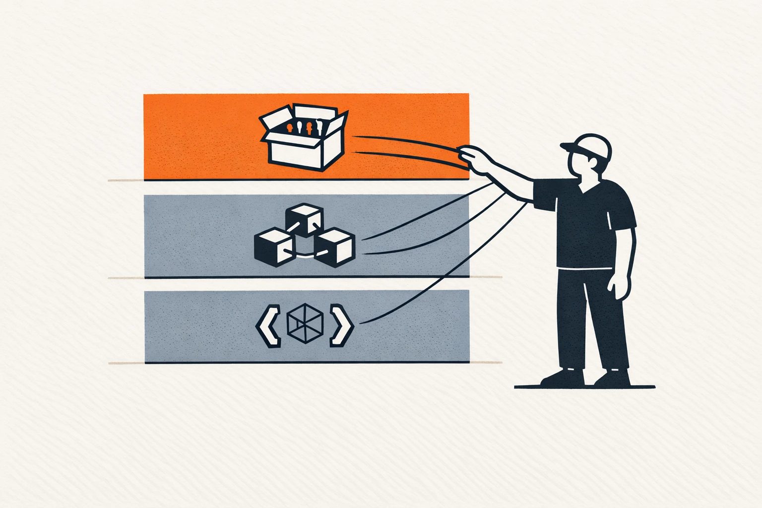 Editorial illustration of three stacked layers labeled with simple icons representing three build options: open-source framework, hosted platform, custom API