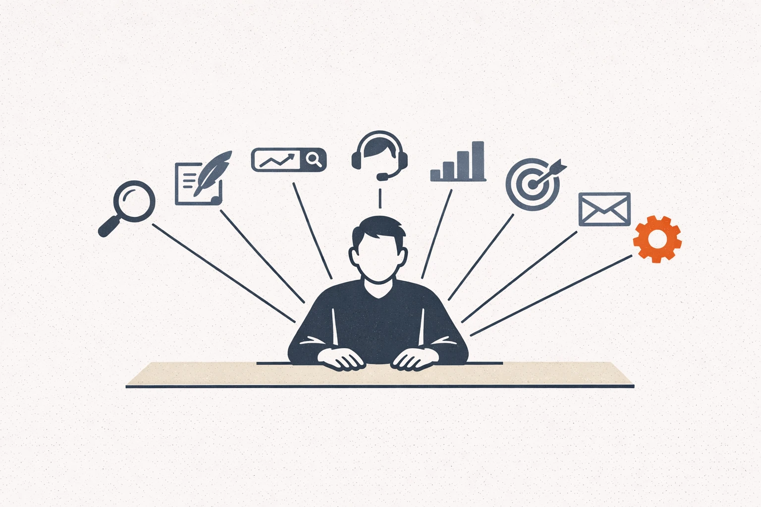 Editorial illustration of a single marketing operator at a clean desk with eight small workflow icons arranged in a fan around them, each connected by a thin line back to the operator