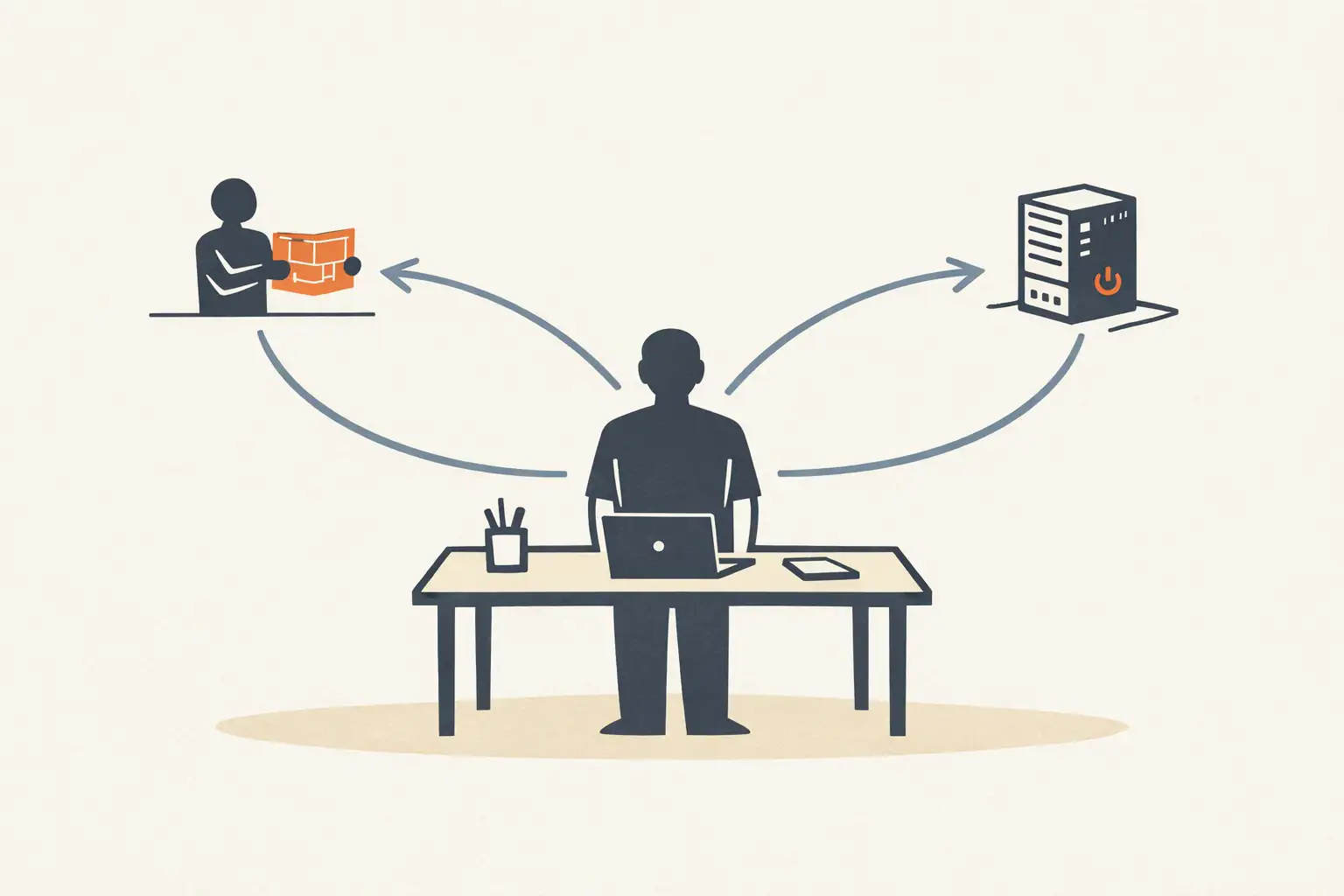 Editorial illustration of a single small business operator standing at a desk with a fork in the road behind them — one path leading to a small consulting figure handing over a blueprint, the other path leading to a small server tower the operator can build with