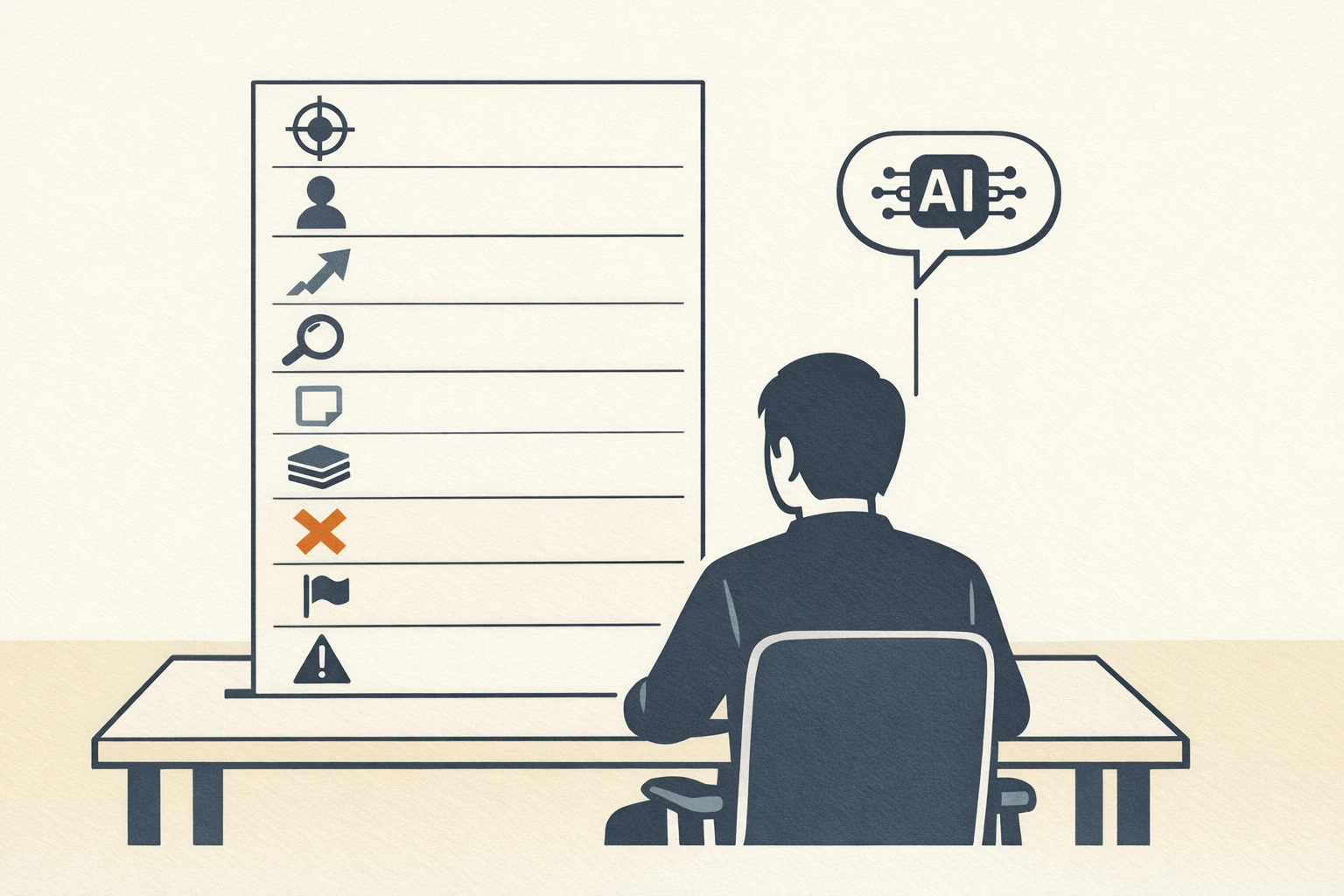 Editorial illustration of a single operator at a clean desk with a vertical 10-section brief sheet in front of them and a stylized AI chat-bubble above the desk waiting to receive the brief