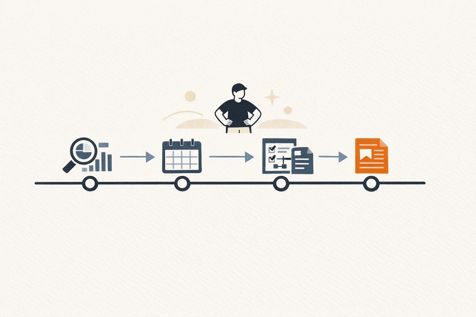 Editorial illustration of a four-week horizontal timeline with a different content-calendar setup activity attached to each week marker