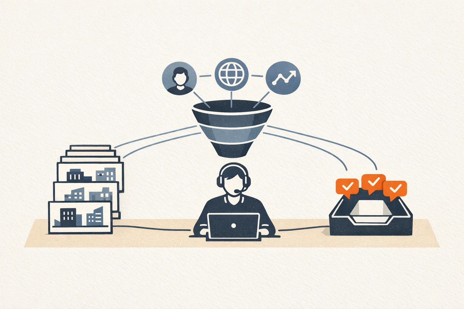 Editorial illustration of a sales rep at a desk with a small validated list of target accounts on one side and an inbox icon with a few high-quality replies on the other side connected by a research funnel