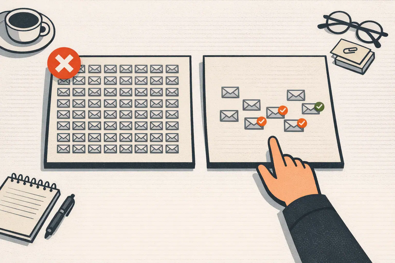 Editorial illustration of two side-by-side outbound approaches: a high-volume scattered-emails panel with no replies versus a low-volume targeted-emails panel with a few real replies