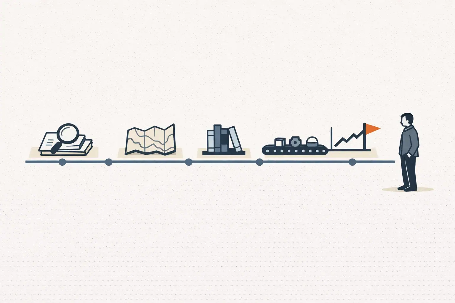 Editorial illustration of a 30-day timeline showing five distinct workflow stations being installed in sequence: workflow audit, system mapping, prompt library, production, and measurement