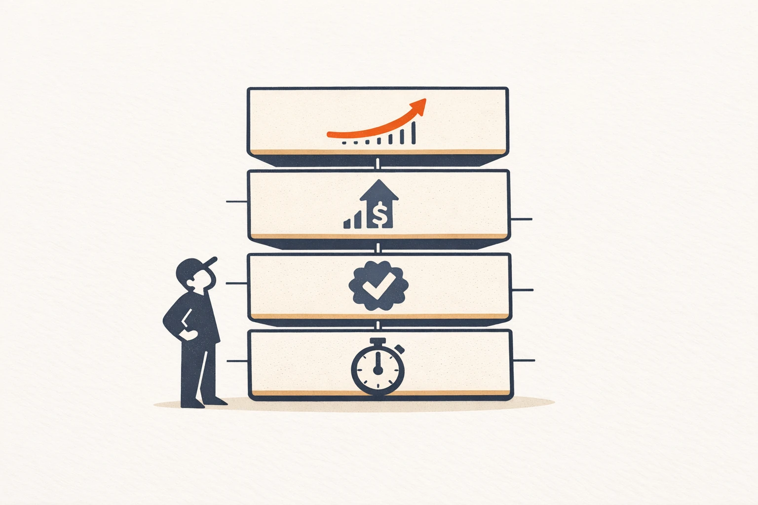 Editorial illustration of four stacked horizontal layers labeled with simple icons representing the four-layer ROI framework: time saved, output quality, conversion impact, learning rate