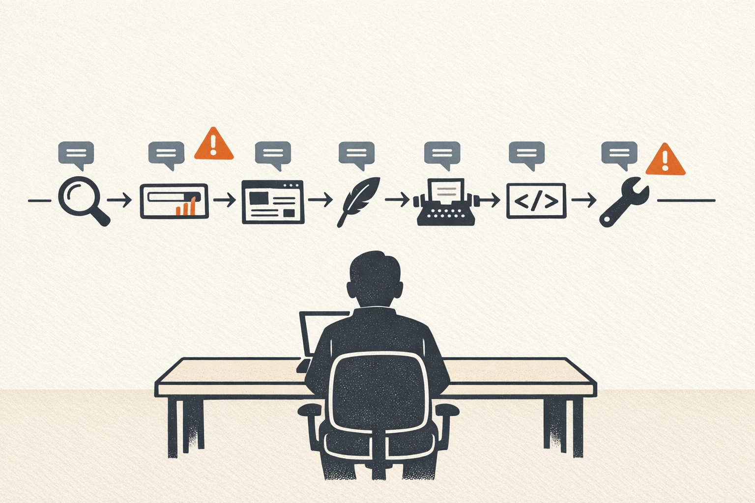 Editorial illustration of a single operator at a clean desk with a horizontal seven-step SEO workflow pipeline behind them, with ChatGPT chat-bubble icons attached to five of the steps and a small warning icon on two of the steps