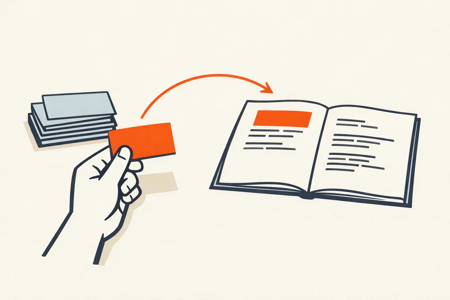 Editorial illustration of a hand picking a prompt card from a small library and dropping it into an open document on a clean desk