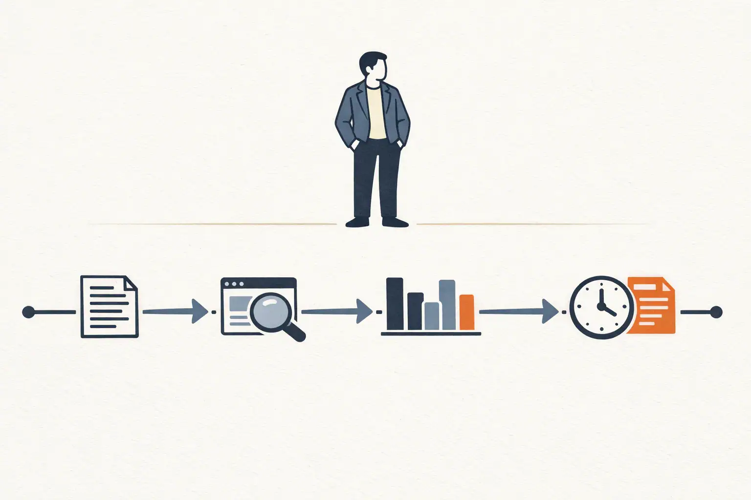 Editorial illustration of a four-week timeline laid horizontally with a different consulting workflow icon installed at each week marker