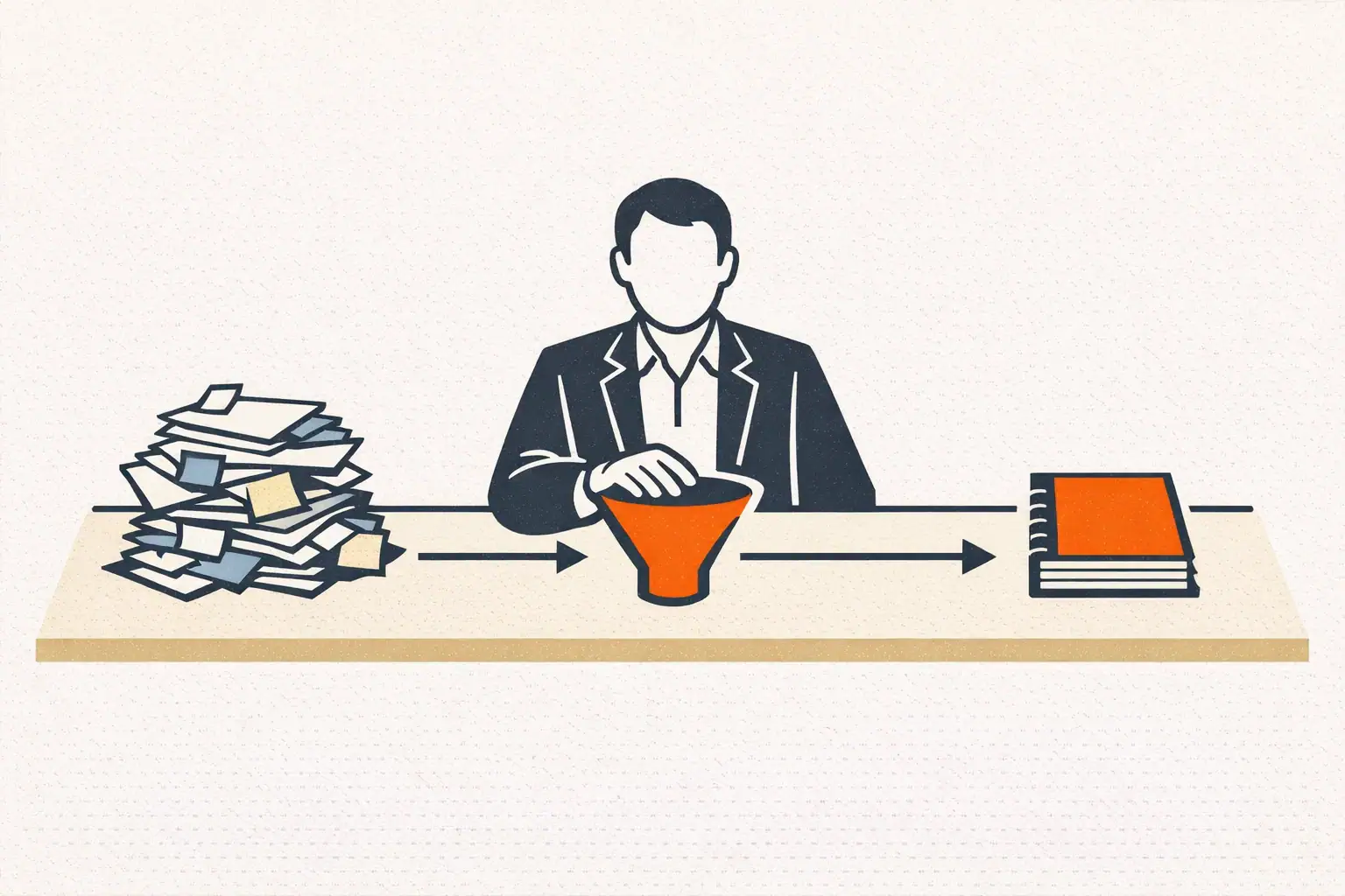 Editorial illustration of a consultant figure at a clean desk with a stack of messy input papers on the left side and a single neat client deliverable on the right, connected by a small workflow funnel in the middle