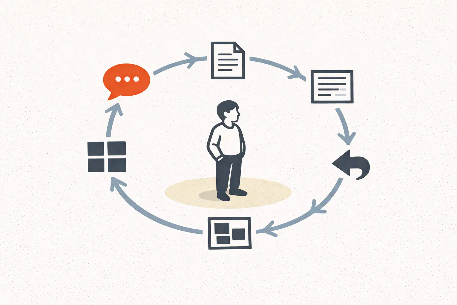 Editorial illustration of a circular workflow loop connecting customer questions, content briefs, draft articles, social posts, and customer feedback returning to the start