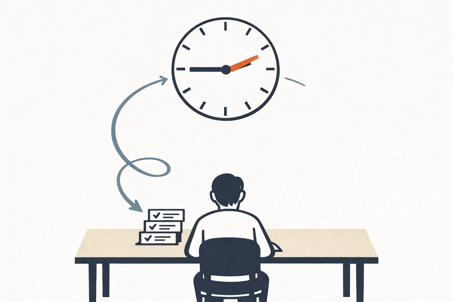 Editorial illustration of a small clock face above a desk where a single operator works, with a thin arrow looping from the clock back to a stack of completed task cards on the desk