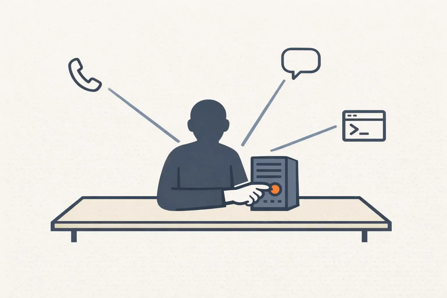 Editorial illustration of a single operator at a desk with a small server tower next to them, the operator's hand on the server power button, with thin connection lines fanning out toward a phone, a chat icon, and a terminal window
