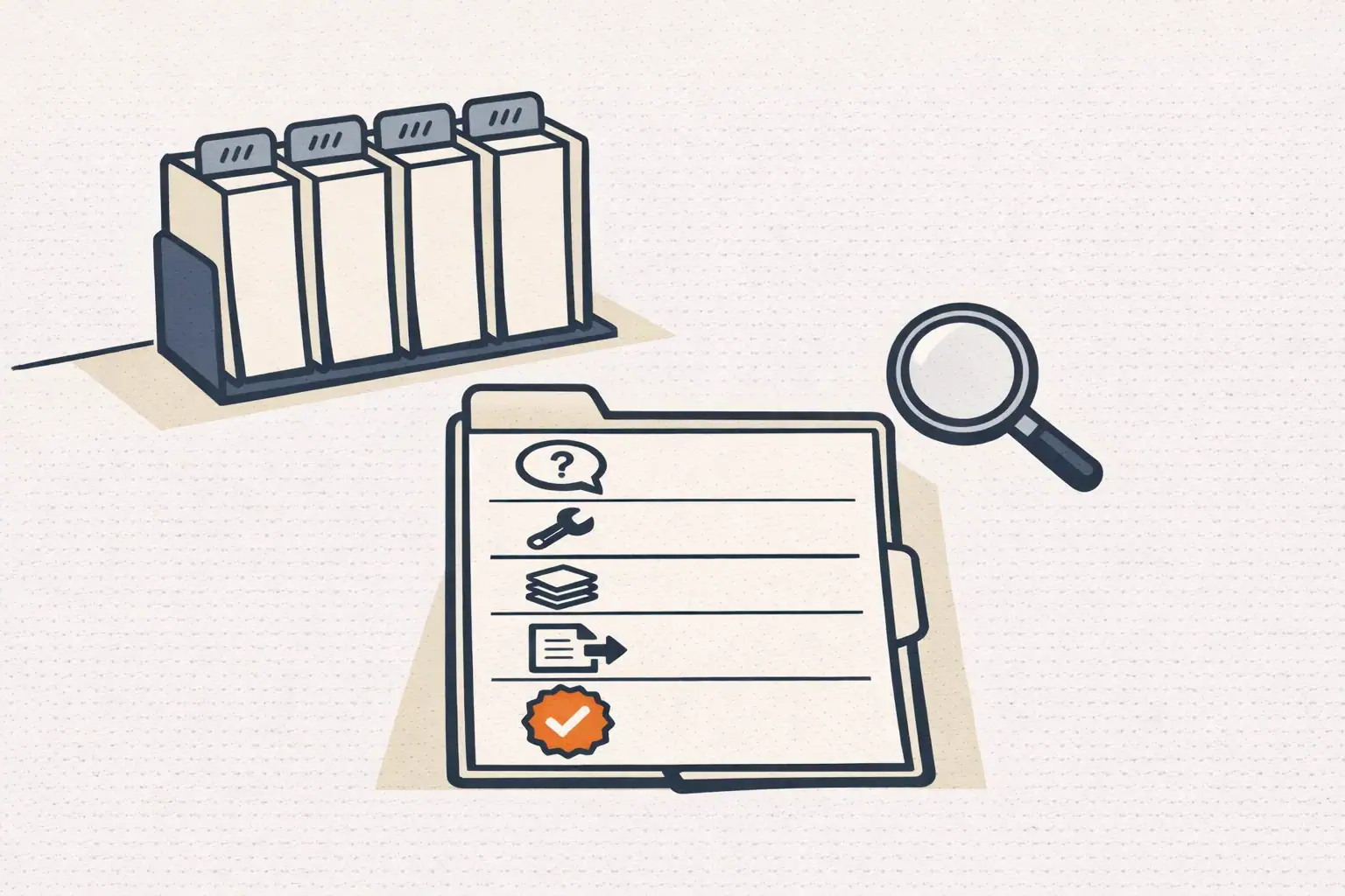 Editorial illustration of a clean dated folder structure on a desk with a small magnifying glass hovering above one folder labeled with simple icons for request, tools used, files touched, output, and approval