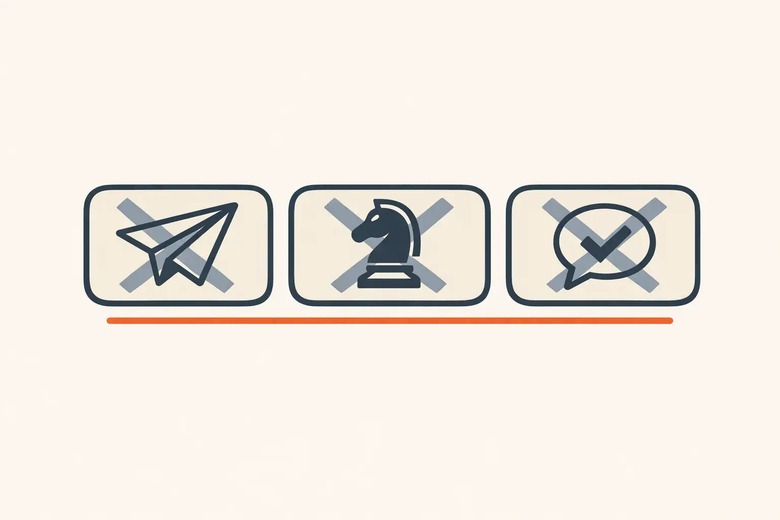 Flat vector illustration showing three crossed-out workflow boxes labeled with abstract icons for outbound prospecting, strategic decisions, and customer-facing replies, each marked with a small soft slate X over a muted cream background