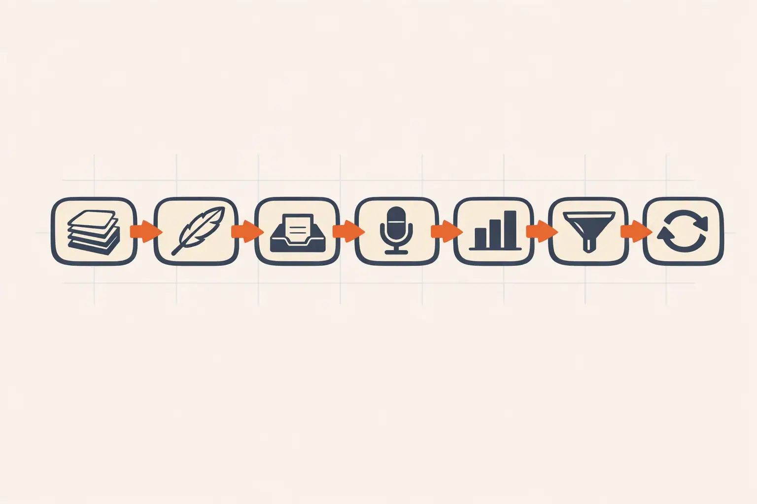 Flat vector diagram of seven interconnected workflow nodes arranged in a horizontal flow, each node labeled with an abstract task icon, signal orange connectors linking them across a warm off-white background